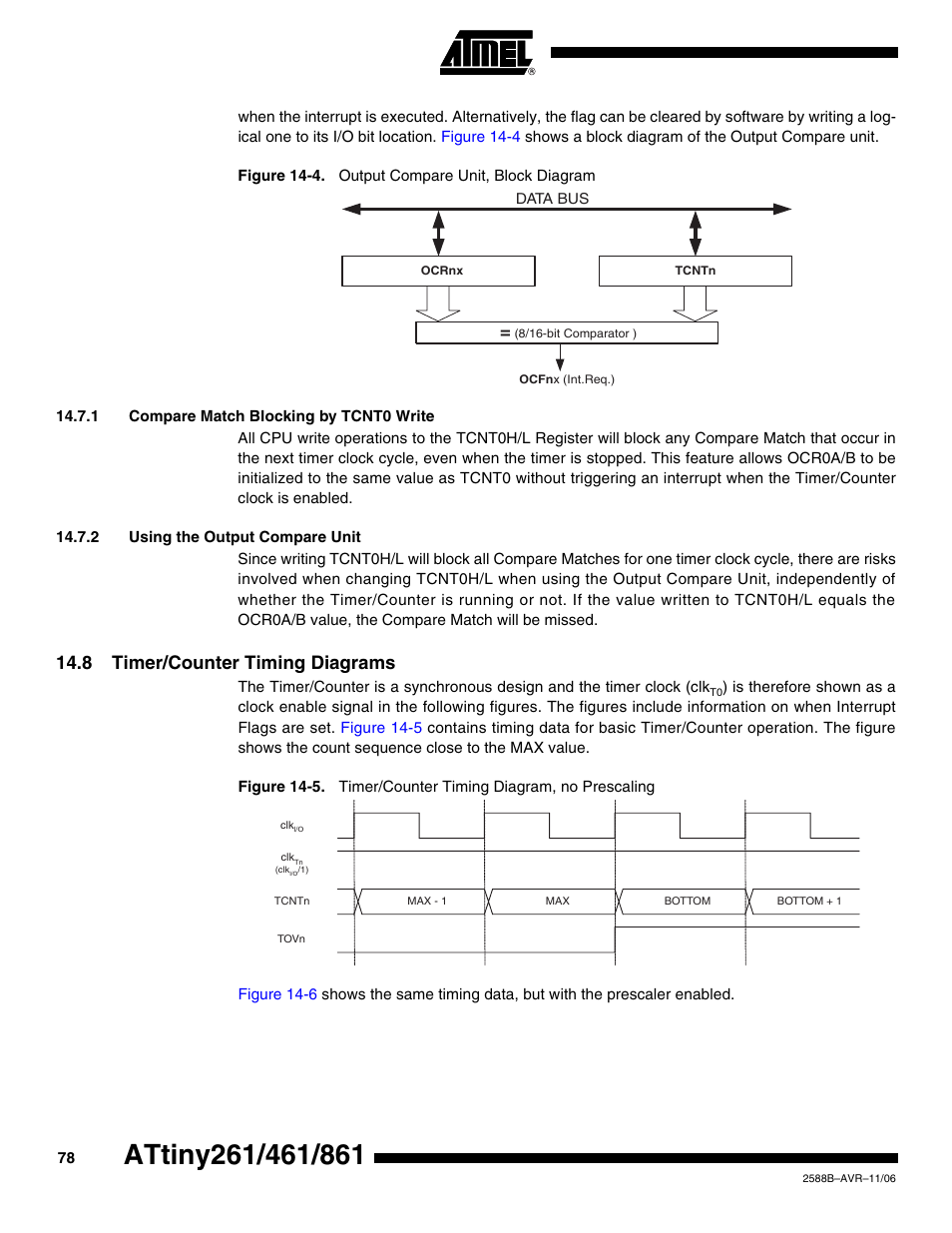1 compare match blocking by tcnt0 write, 2 using the output compare unit, 8 timer/counter timing diagrams | Rainbow Electronics ATtiny861_V User Manual | Page 78 / 236