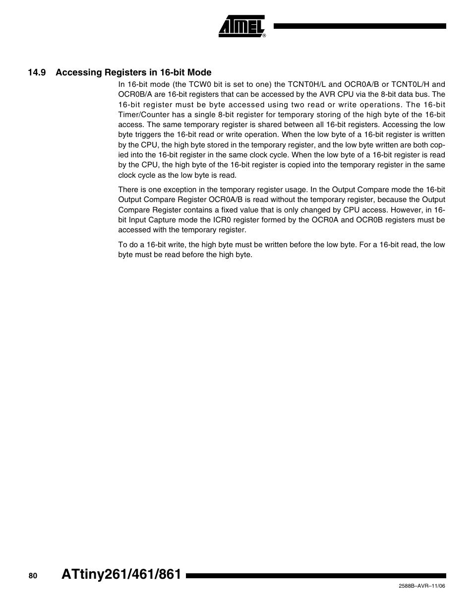 9 accessing registers in 16-bit mode, Access, Must | Rainbow Electronics ATtiny861_V User Manual | Page 80 / 236