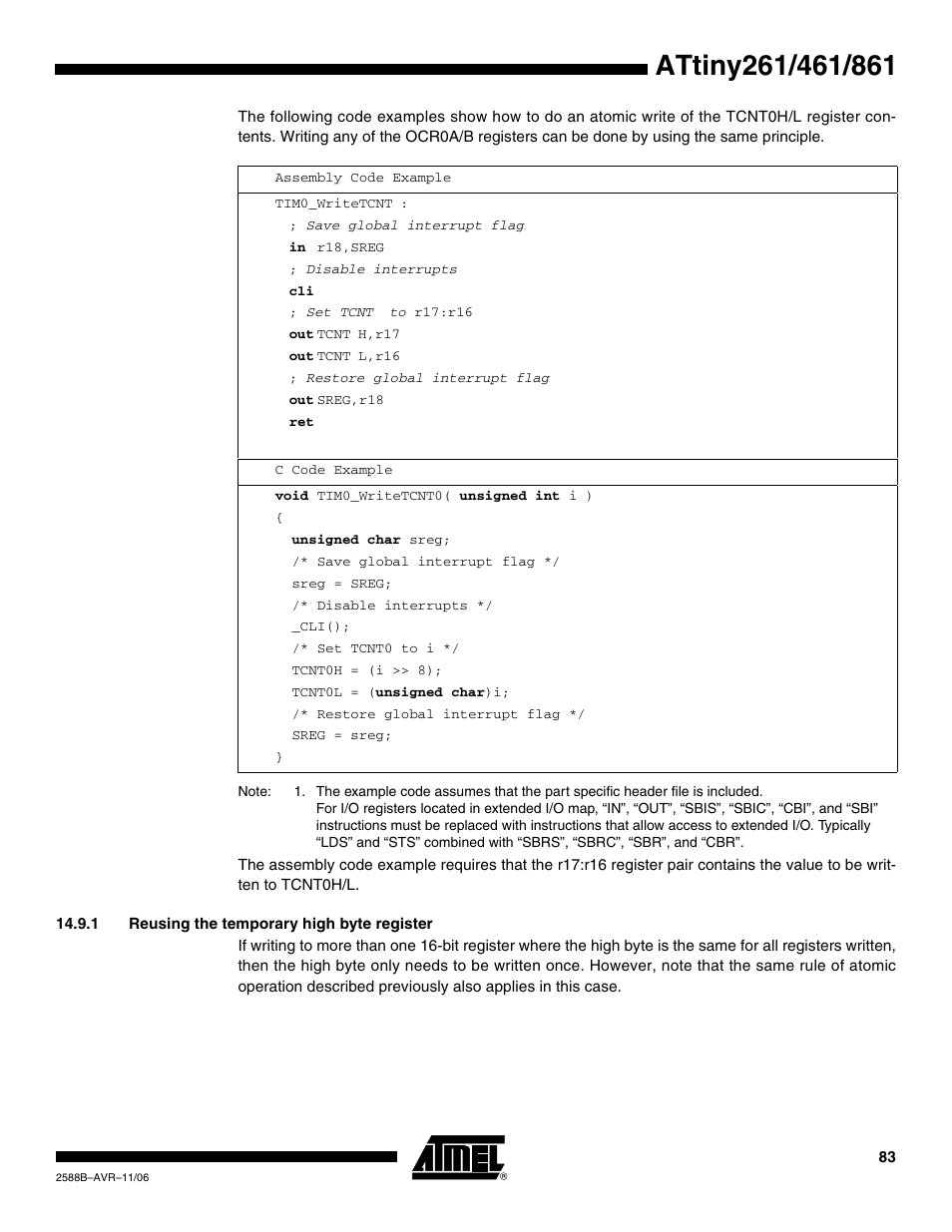 1 reusing the temporary high byte register | Rainbow Electronics ATtiny861_V User Manual | Page 83 / 236