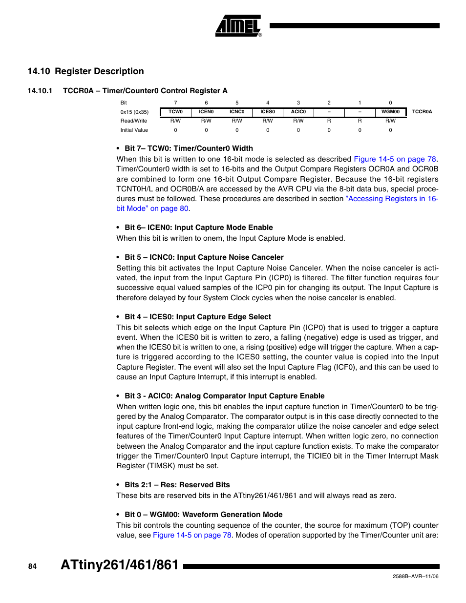 10 register description, 1 tccr0a - timer/counter0 control register a | Rainbow Electronics ATtiny861_V User Manual | Page 84 / 236