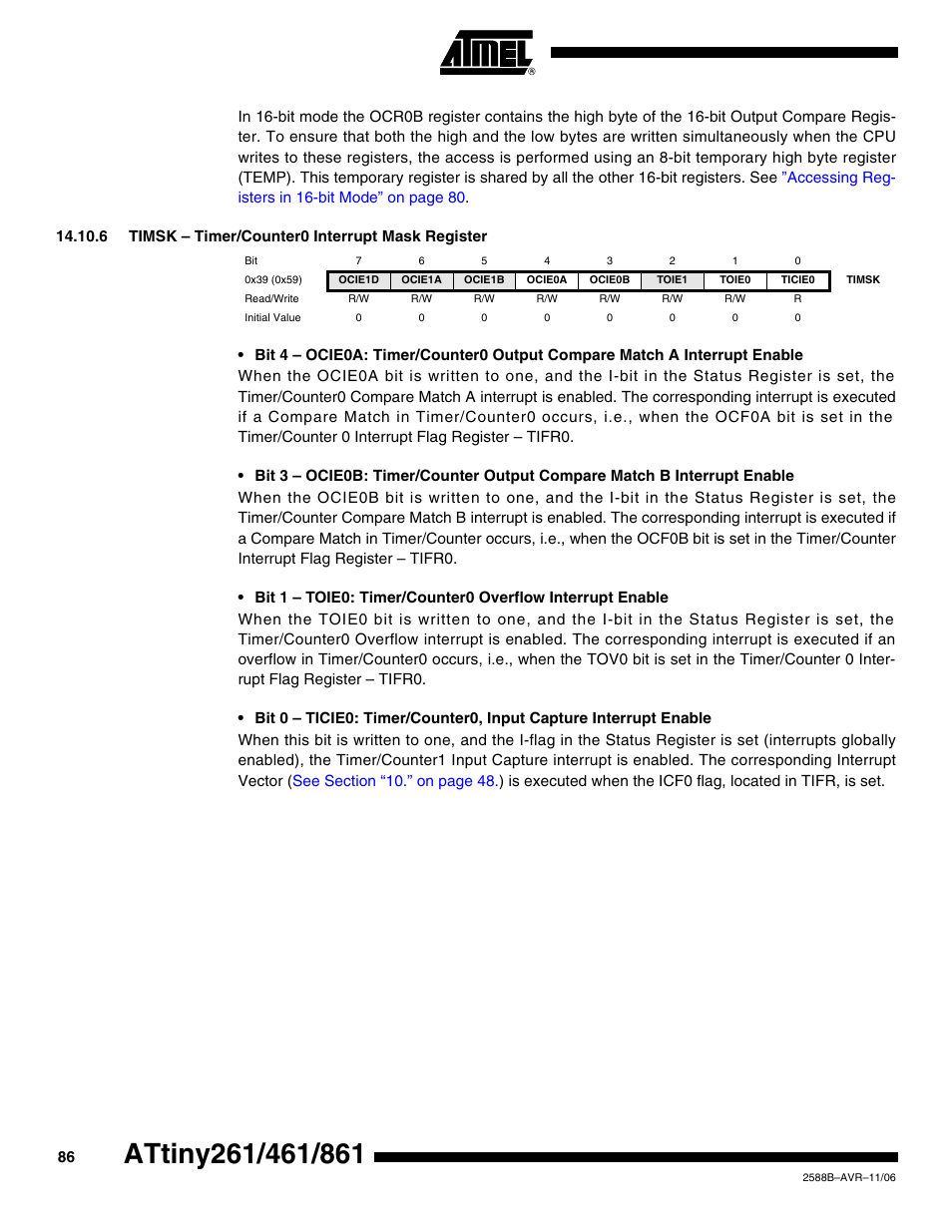 6 timsk - timer/counter0 interrupt mask register | Rainbow Electronics ATtiny861_V User Manual | Page 86 / 236