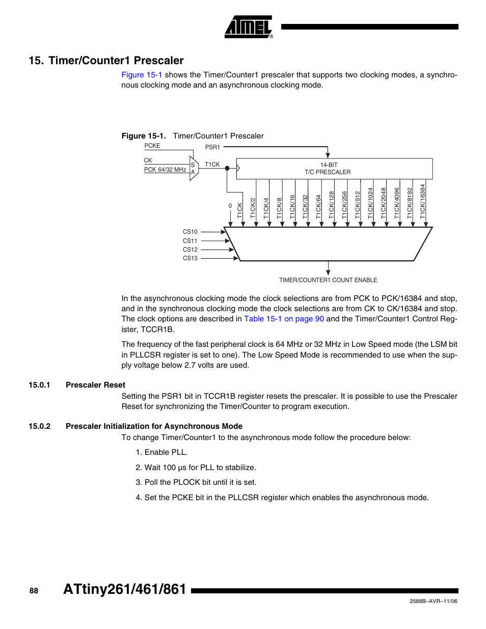 Timer/counter1 prescaler, 1 prescaler reset, 2 prescaler initialization for asynchronous mode | Rainbow Electronics ATtiny861_V User Manual | Page 88 / 236