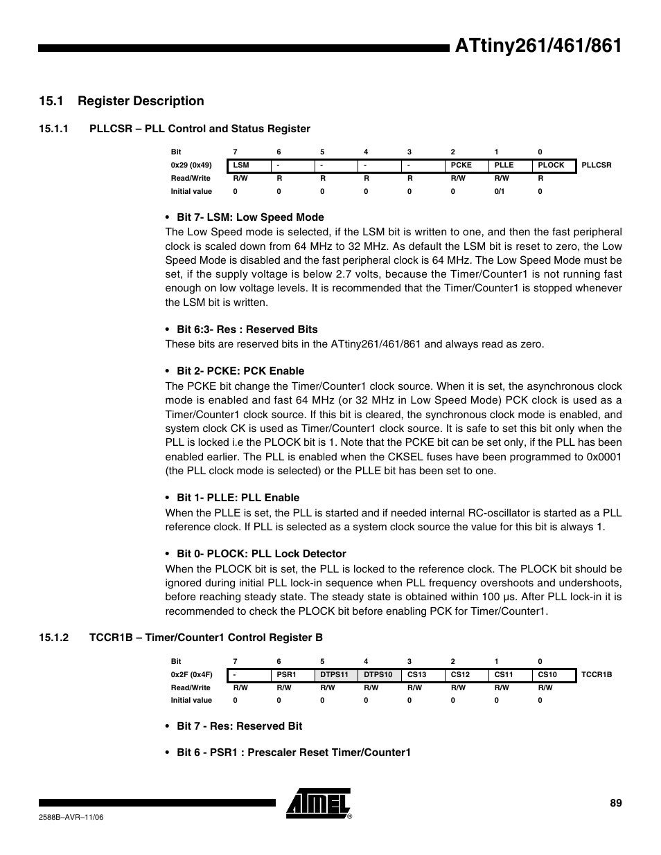1 register description, 1 pllcsr - pll control and status register, 2 tccr1b - timer/counter1 control register b | Rainbow Electronics ATtiny861_V User Manual | Page 89 / 236