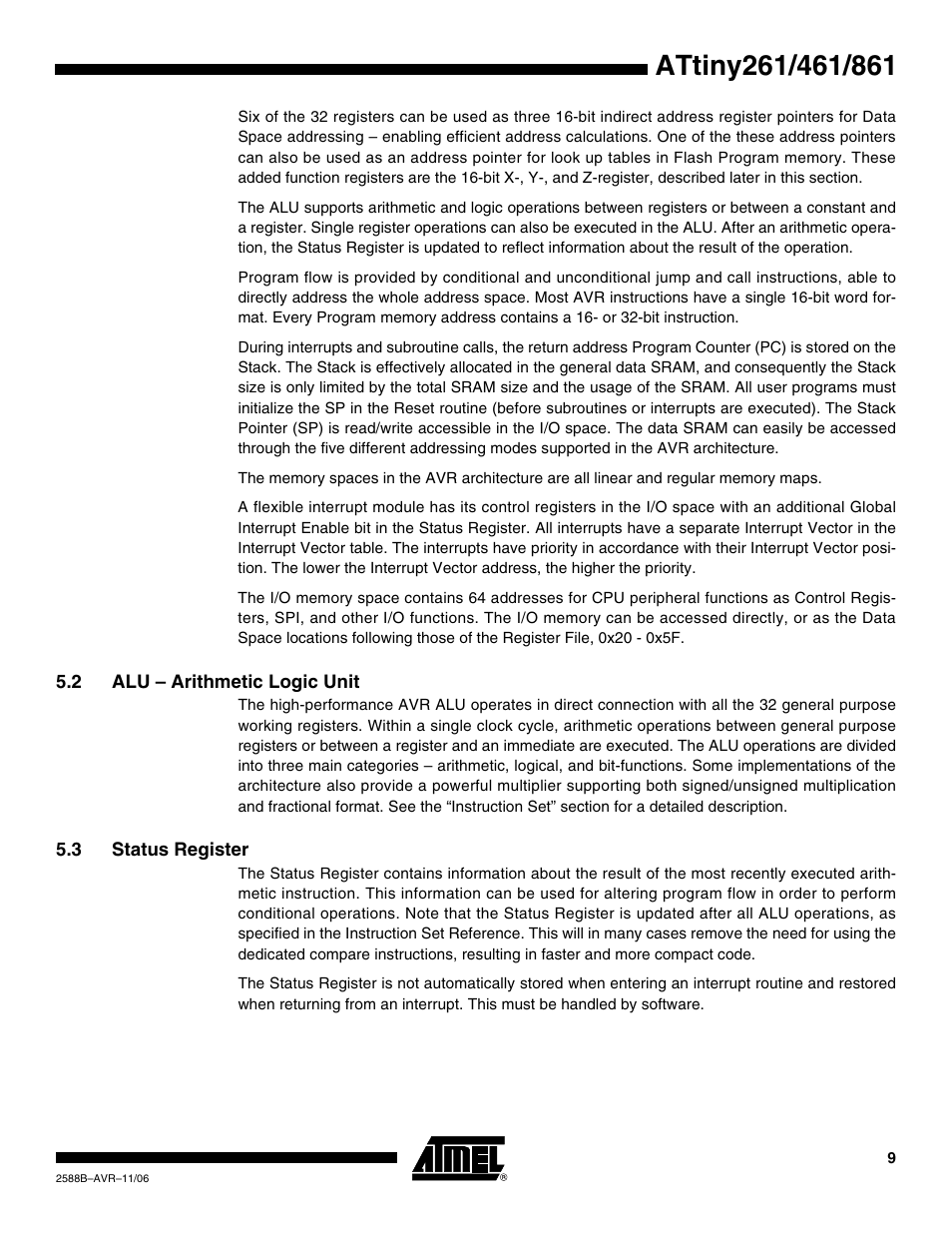 2 alu - arithmetic logic unit, 3 status register | Rainbow Electronics ATtiny861_V User Manual | Page 9 / 236