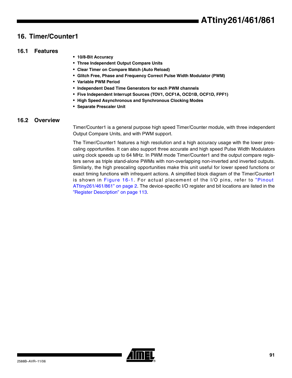 Timer/counter1, 1 features, 2 overview | Rainbow Electronics ATtiny861_V User Manual | Page 91 / 236