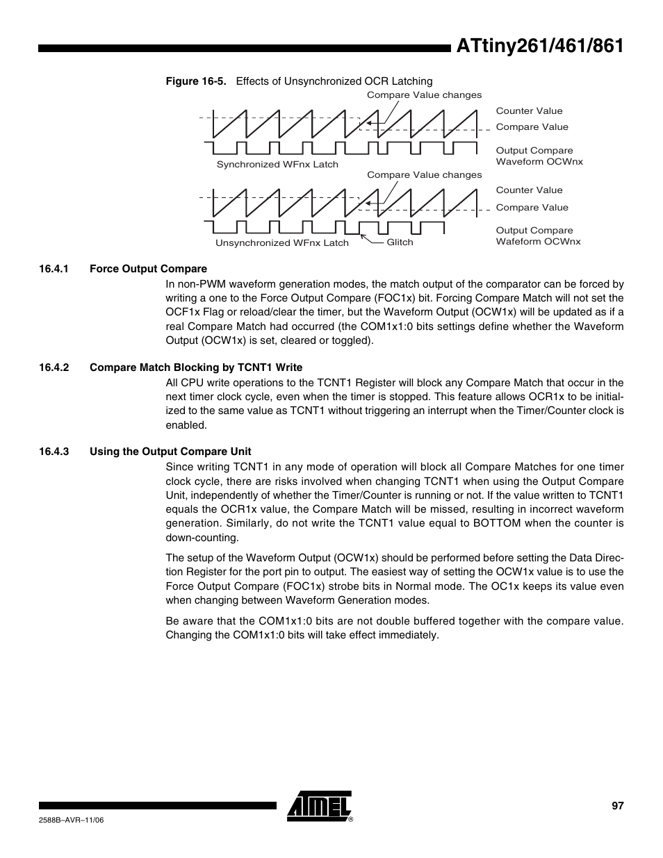 1 force output compare, 2 compare match blocking by tcnt1 write, 3 using the output compare unit | Rainbow Electronics ATtiny861_V User Manual | Page 97 / 236