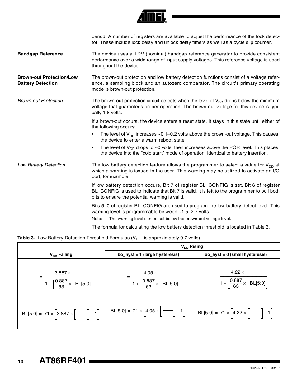 Bandgap reference, Brown-out protection/low battery detection, Brown-out protection | Low battery detection | Rainbow Electronics AT86RF401 User Manual | Page 10 / 50