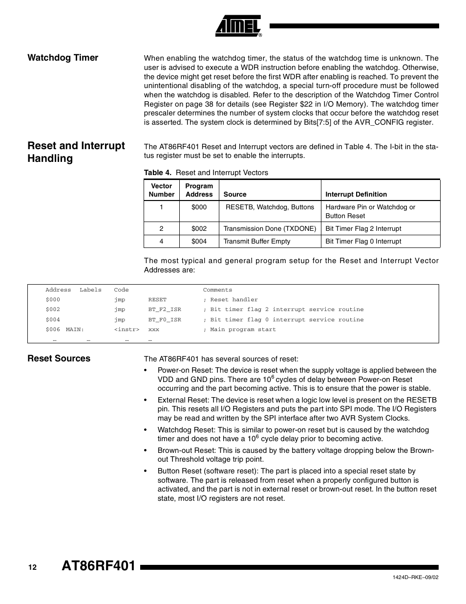 Watchdog timer, Reset and interrupt handling, Reset sources | Rainbow Electronics AT86RF401 User Manual | Page 12 / 50