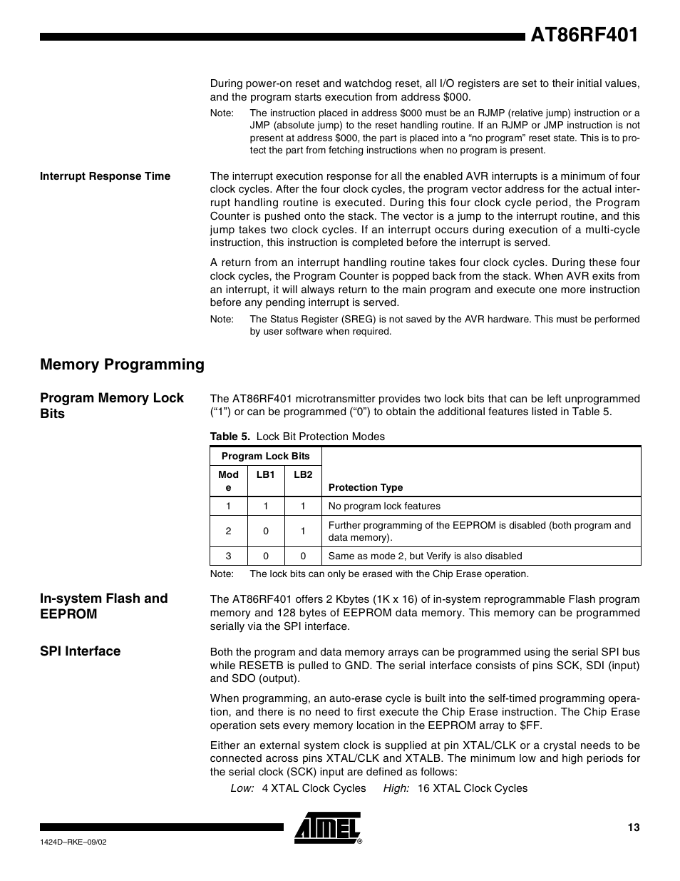 Interrupt response time, Memory programming, Program memory lock bits | In-system flash and eeprom, Spi interface | Rainbow Electronics AT86RF401 User Manual | Page 13 / 50
