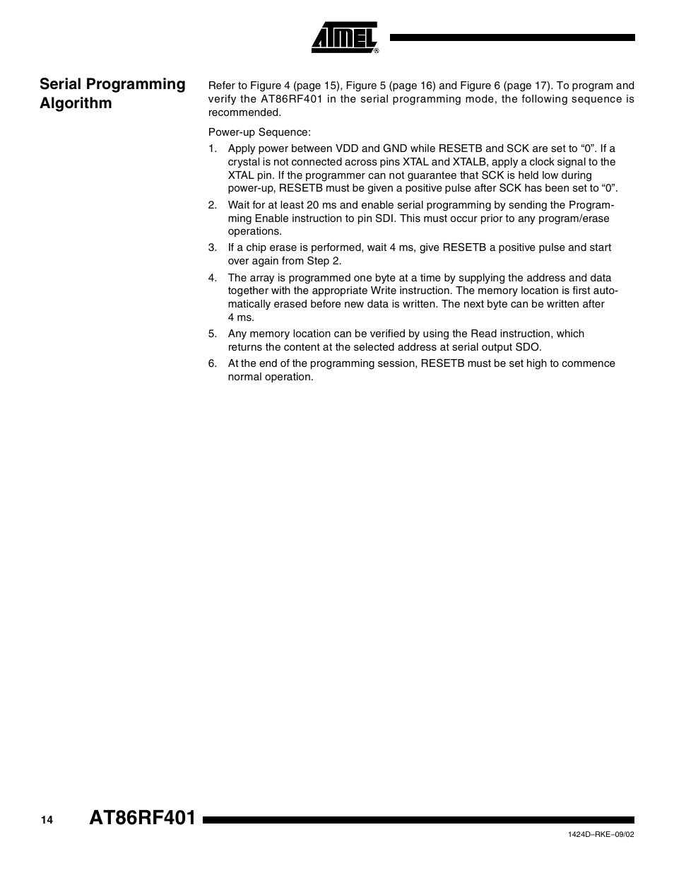 Serial programming algorithm | Rainbow Electronics AT86RF401 User Manual | Page 14 / 50
