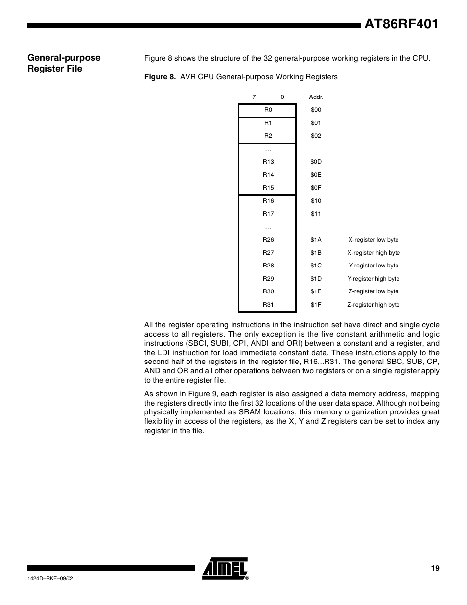 General-purpose register file | Rainbow Electronics AT86RF401 User Manual | Page 19 / 50