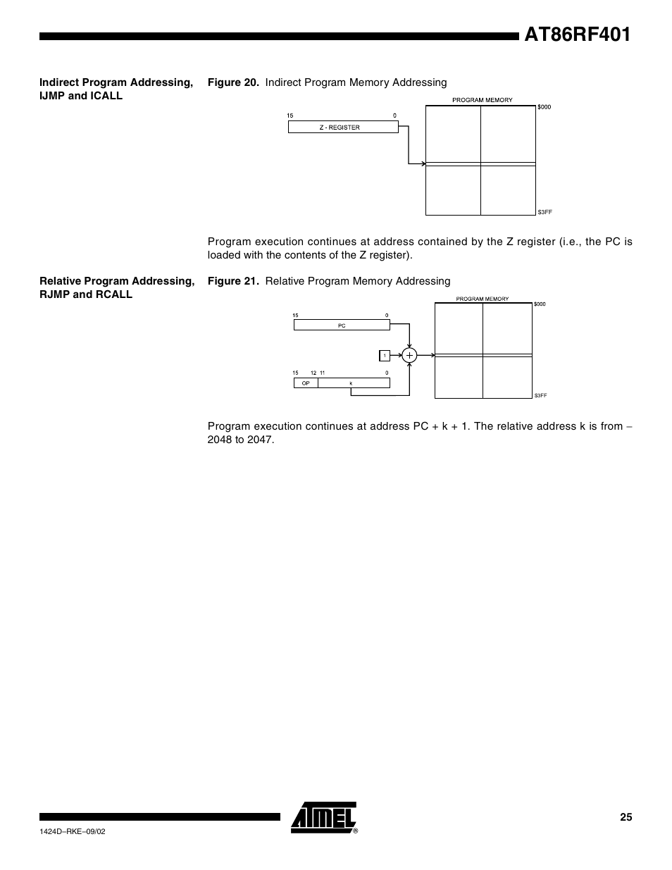 Indirect program addressing, ijmp and icall, Relative program addressing, rjmp and rcall | Rainbow Electronics AT86RF401 User Manual | Page 25 / 50