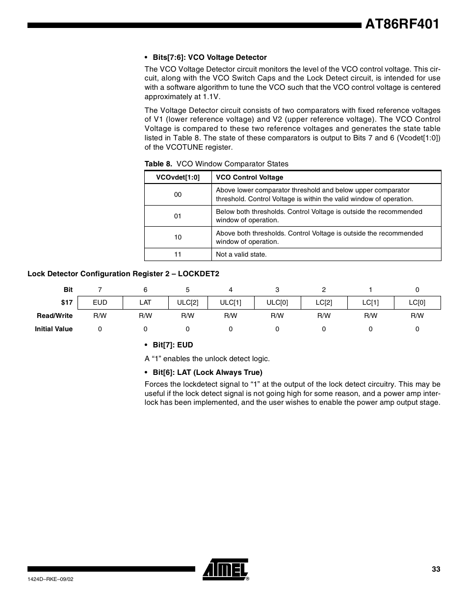 Lock detector configuration register 2 – lockdet2 | Rainbow Electronics AT86RF401 User Manual | Page 33 / 50