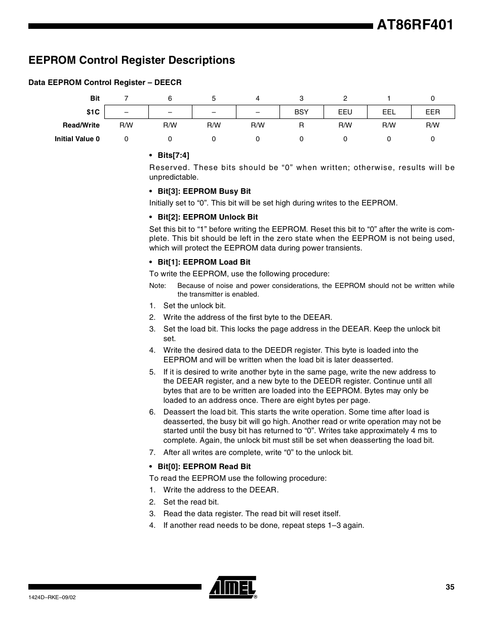 Eeprom control register descriptions, Data eeprom control register – deecr | Rainbow Electronics AT86RF401 User Manual | Page 35 / 50