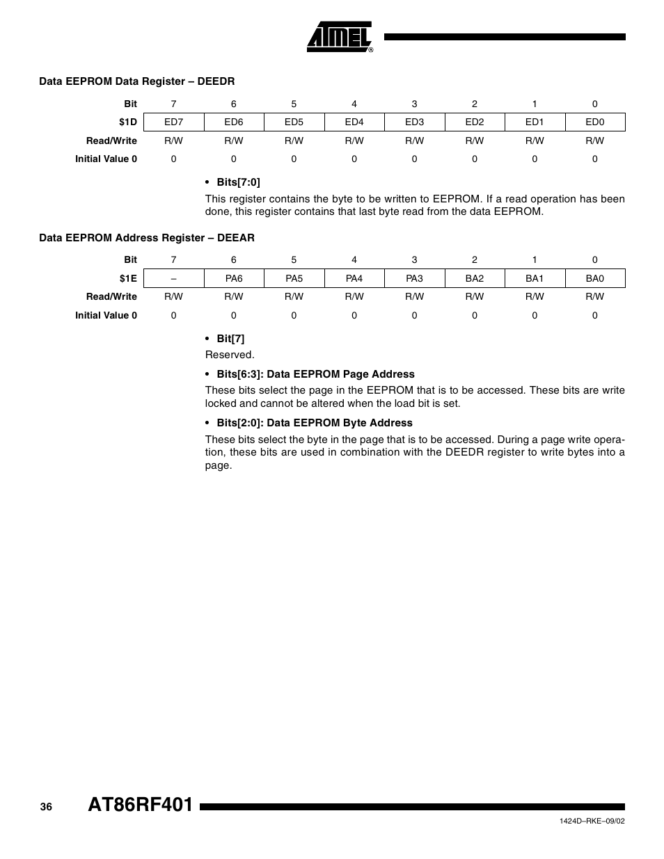 Data eeprom data register – deedr, Data eeprom address register – deear | Rainbow Electronics AT86RF401 User Manual | Page 36 / 50