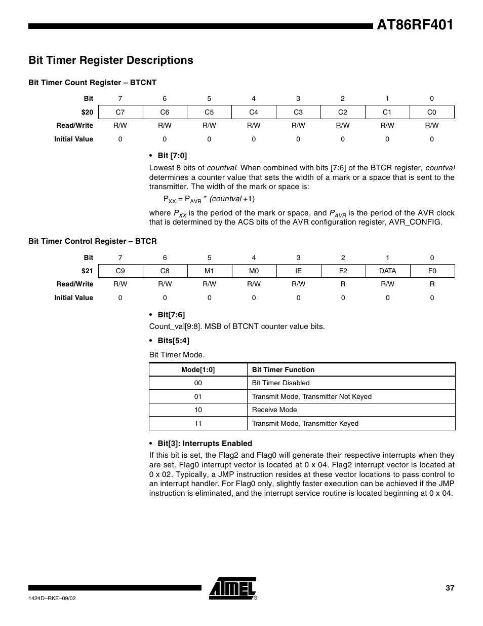 Bit timer register descriptions, Bit timer count register – btcnt, Bit timer control register – btcr | Rainbow Electronics AT86RF401 User Manual | Page 37 / 50