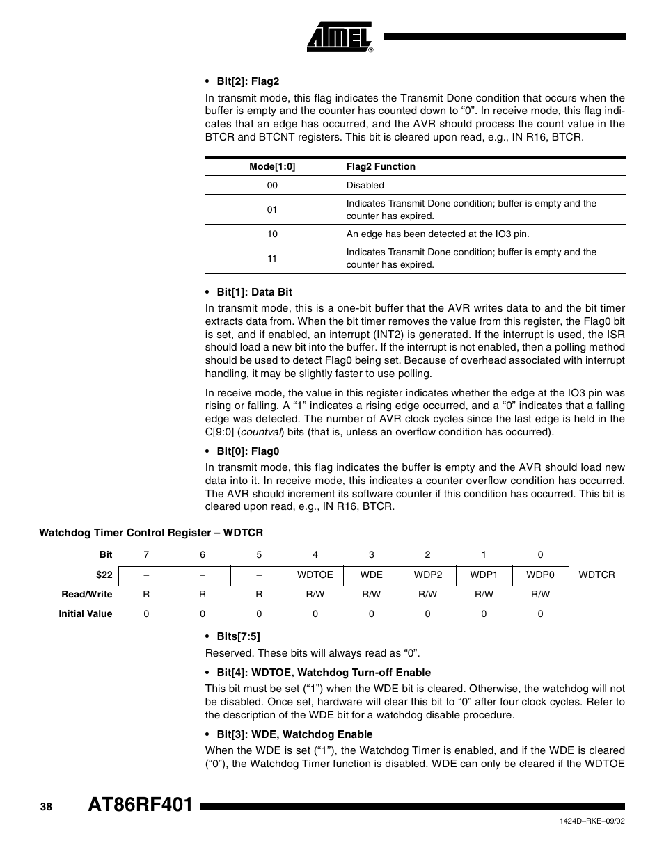 Watchdog timer control register – wdtcr | Rainbow Electronics AT86RF401 User Manual | Page 38 / 50
