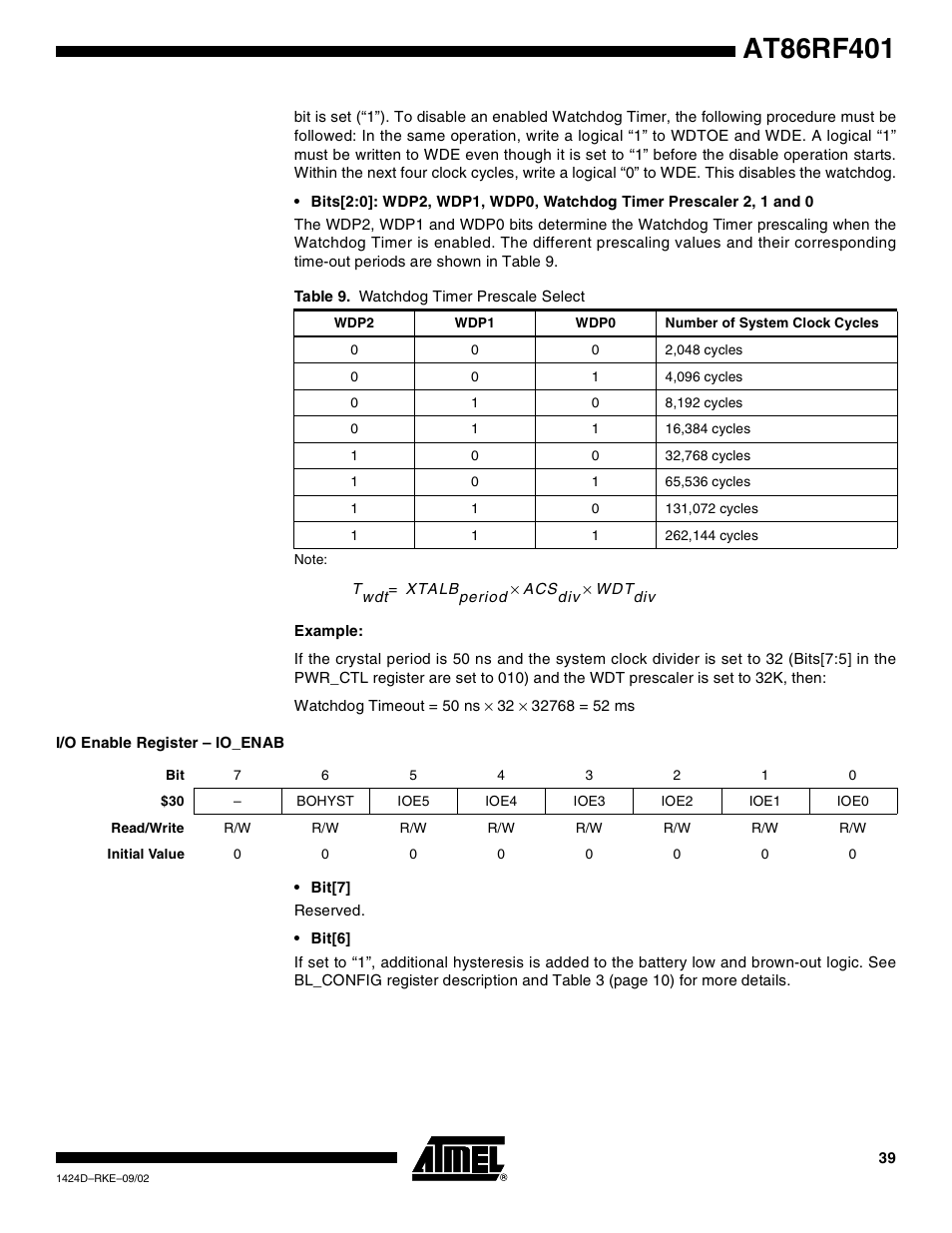 I/o enable register – io_enab | Rainbow Electronics AT86RF401 User Manual | Page 39 / 50