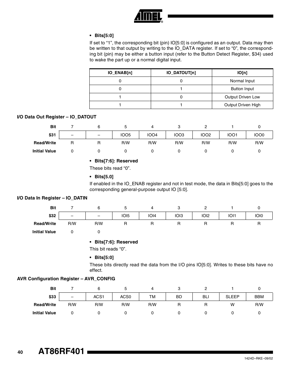 I/o data out register – io_datout, I/o data in register – io_datin, Avr configuration register – avr_config | Rainbow Electronics AT86RF401 User Manual | Page 40 / 50