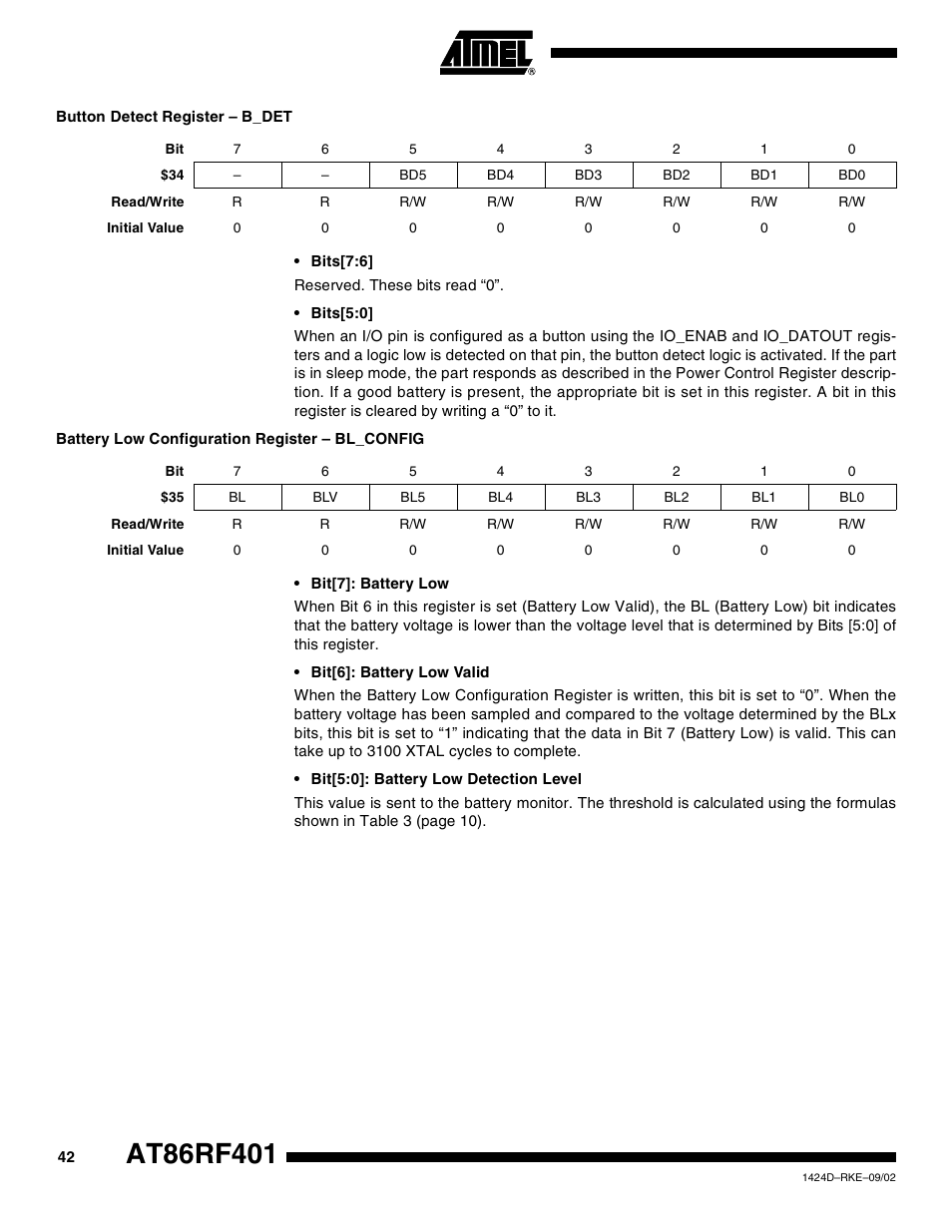 Button detect register – b_det, Battery low configuration register – bl_config | Rainbow Electronics AT86RF401 User Manual | Page 42 / 50