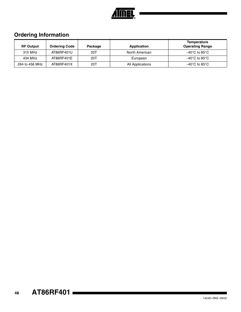 Ordering information | Rainbow Electronics AT86RF401 User Manual | Page 48 / 50