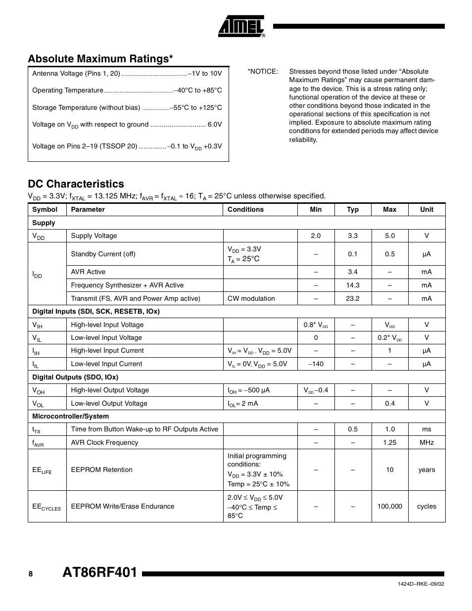 Absolute maximum ratings, Dc characteristics | Rainbow Electronics AT86RF401 User Manual | Page 8 / 50