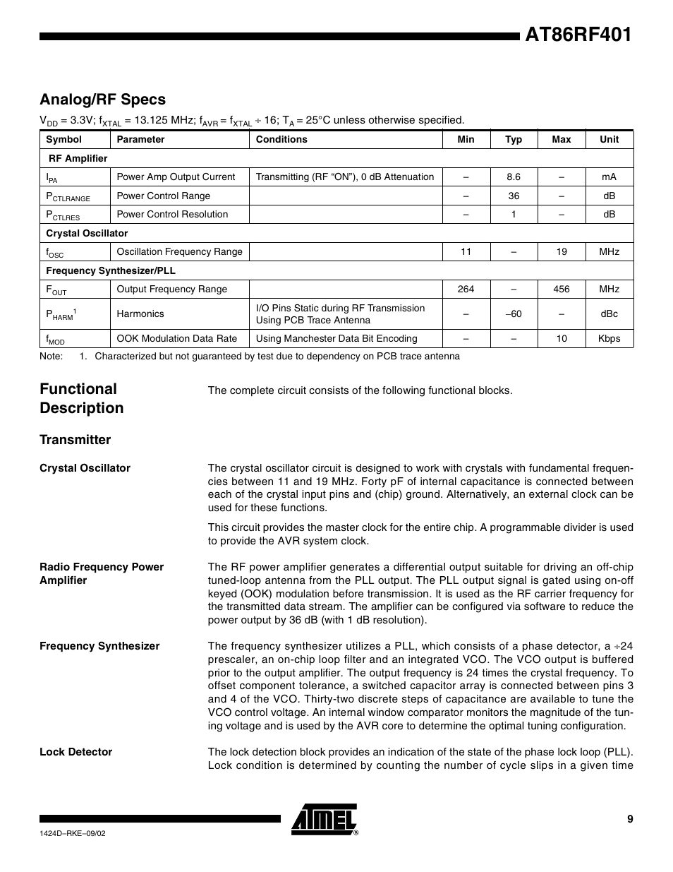 Analog/rf specs, Functional description, Transmitter | Crystal oscillator, Radio frequency power amplifier, Frequency synthesizer, Lock detector | Rainbow Electronics AT86RF401 User Manual | Page 9 / 50
