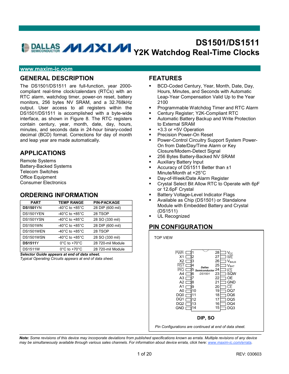 Rainbow Electronics DS1511 User Manual | 20 pages