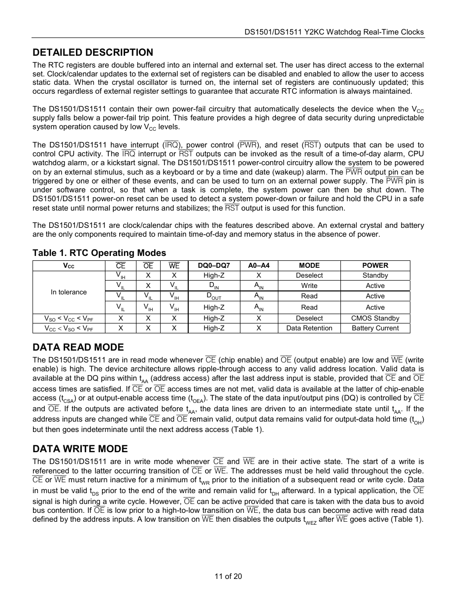 Detailed description, Data read mode, Data write mode | Table 1. rtc operating modes | Rainbow Electronics DS1511 User Manual | Page 11 / 20