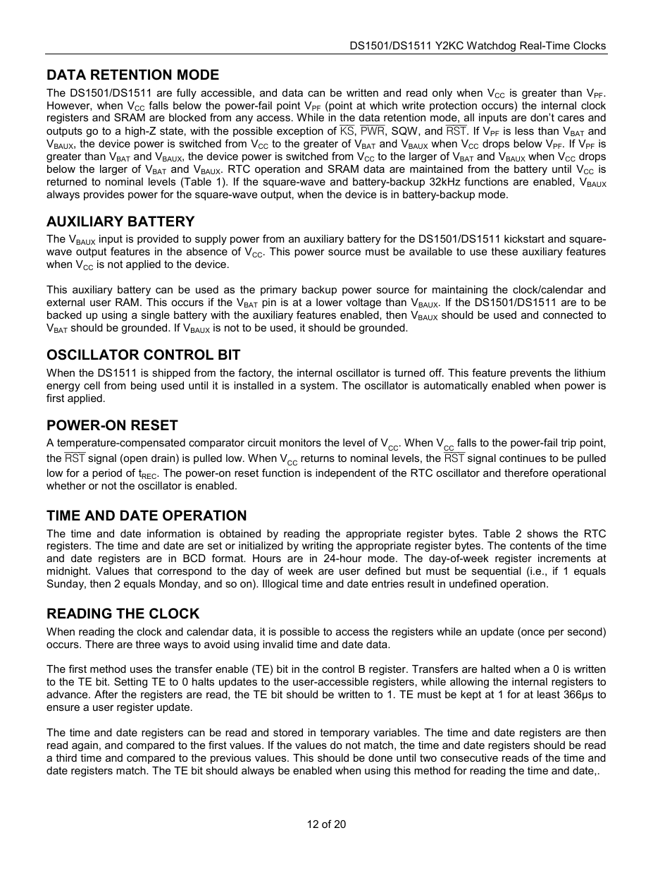 Data retention mode, Auxiliary battery, Oscillator control bit | Power-on reset, Time and date operation, Reading the clock | Rainbow Electronics DS1511 User Manual | Page 12 / 20