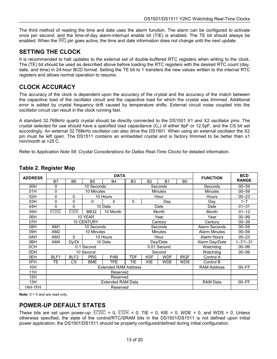 Setting the clock, Clock accuracy, Power-up default states | Table 2. register map | Rainbow Electronics DS1511 User Manual | Page 13 / 20