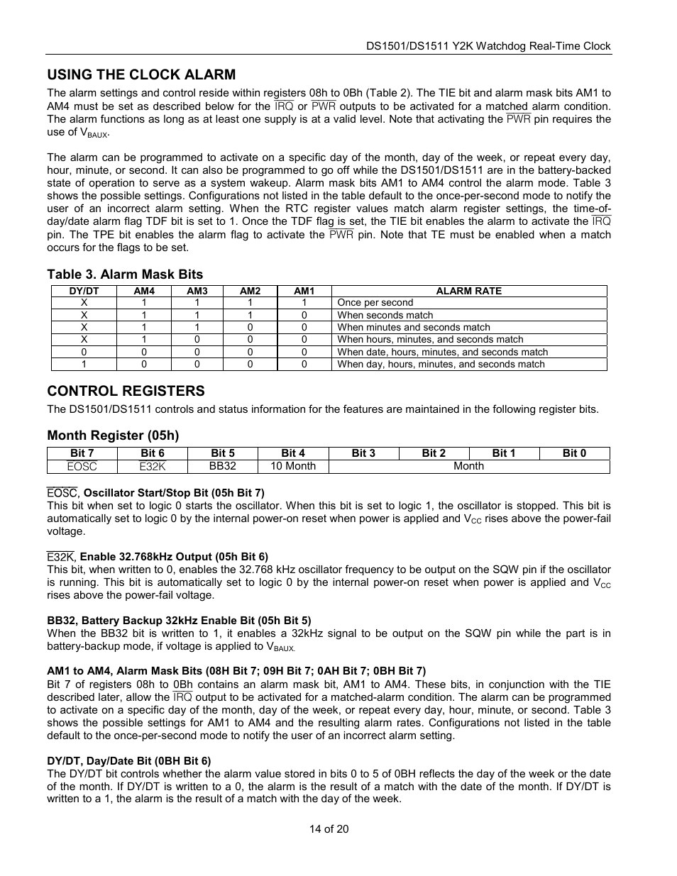 Using the clock alarm, Control registers | Rainbow Electronics DS1511 User Manual | Page 14 / 20