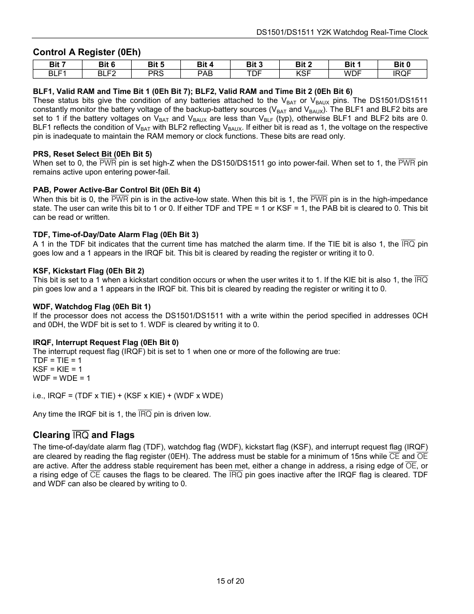 Control a register (0eh), Clearing irq and flags | Rainbow Electronics DS1511 User Manual | Page 15 / 20