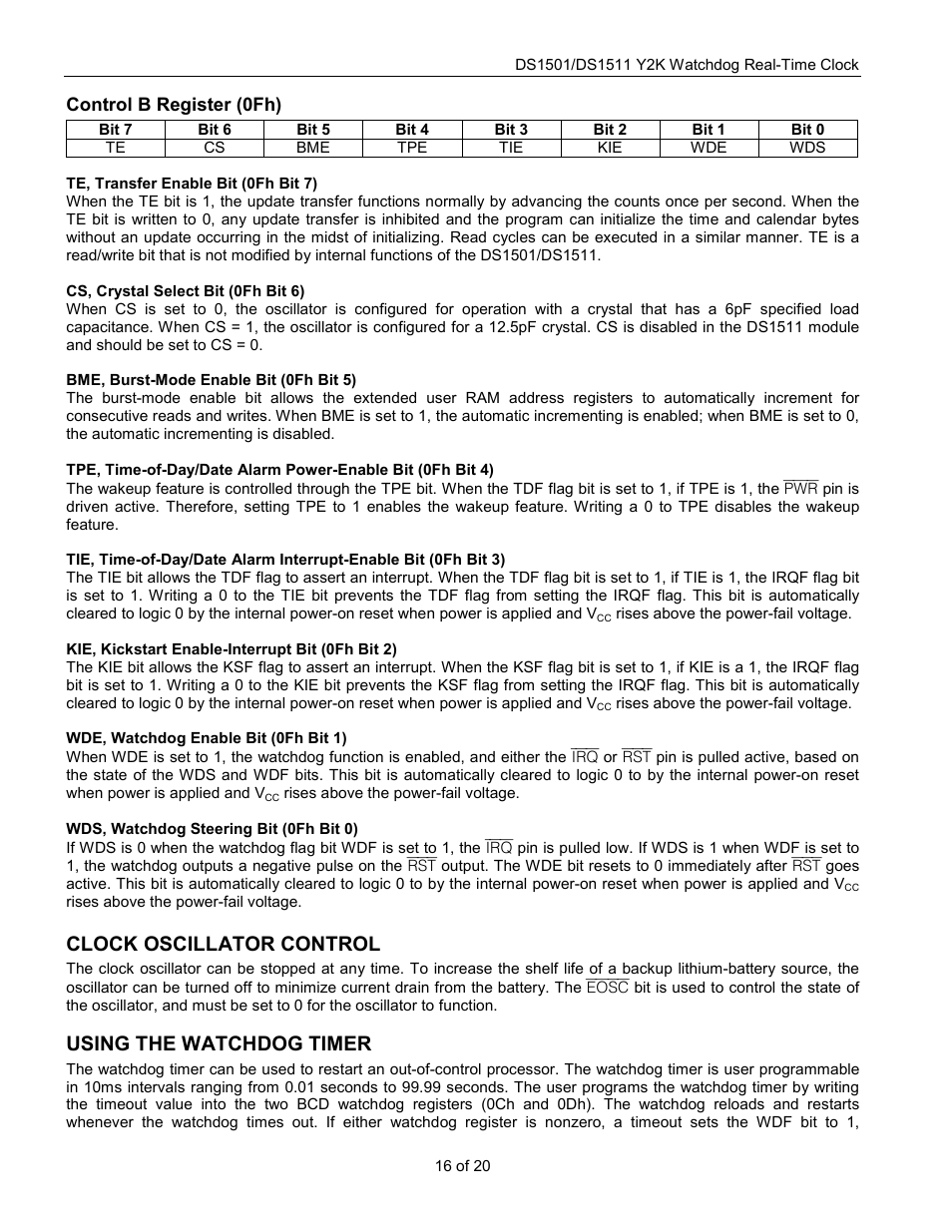 Clock oscillator control, Using the watchdog timer | Rainbow Electronics DS1511 User Manual | Page 16 / 20