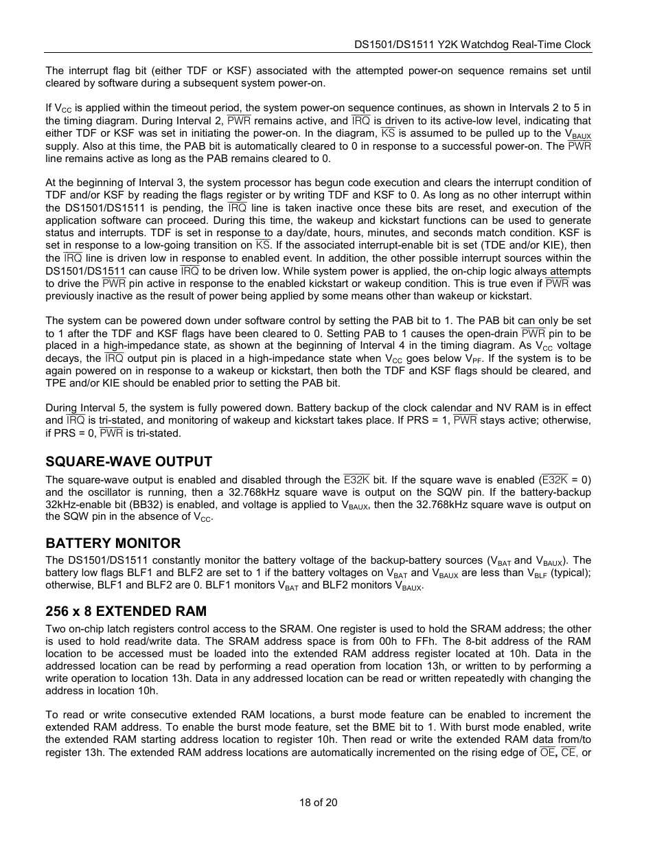 Square-wave output, Battery monitor, 256 x 8 extended ram | Rainbow Electronics DS1511 User Manual | Page 18 / 20