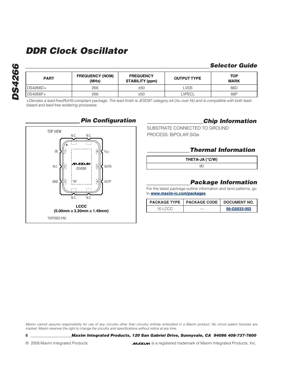 Ds4266 ddr clock oscillator, Chip information, Selector guide | Thermal information, Pin configuration, Package information | Rainbow Electronics DS4266 User Manual | Page 6 / 6