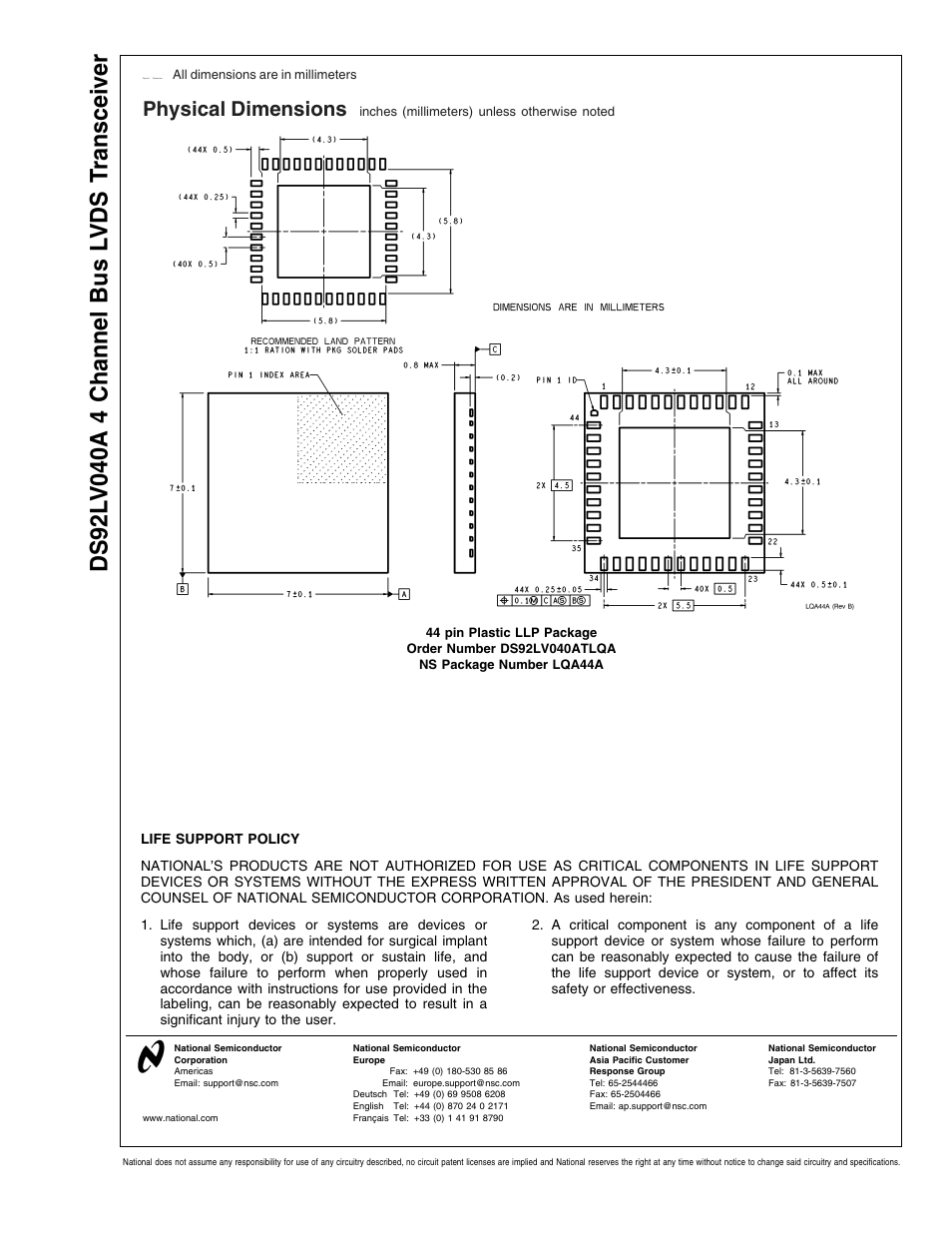 Physical dimensions | Rainbow Electronics DS92LV040A User Manual | Page 12 / 12