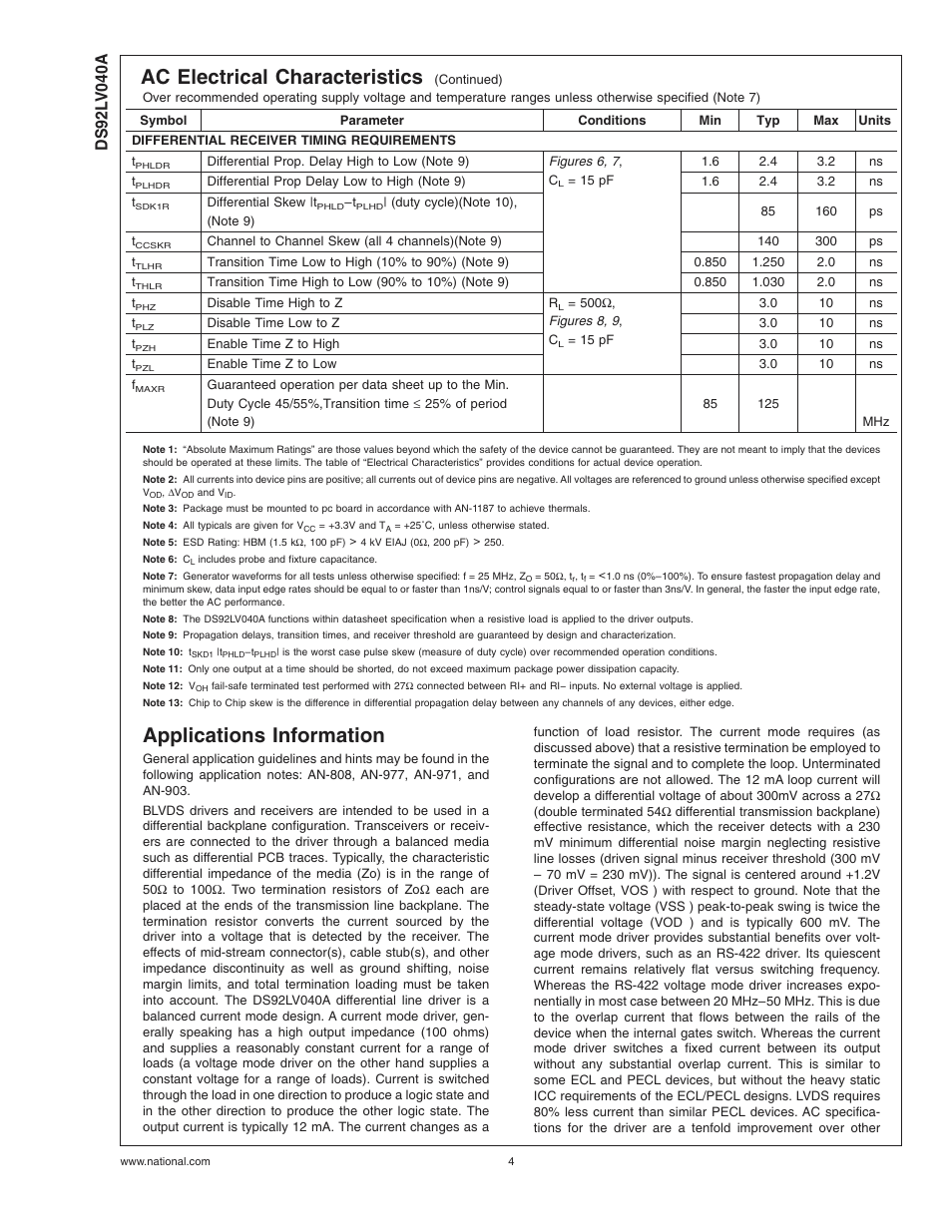 Applications information, Note 4), Llp(note 3) | Note 3), Note 7)(20, Note 11), Note 12), Note 9), Note 7), Cycle)(note 10) | Rainbow Electronics DS92LV040A User Manual | Page 4 / 12