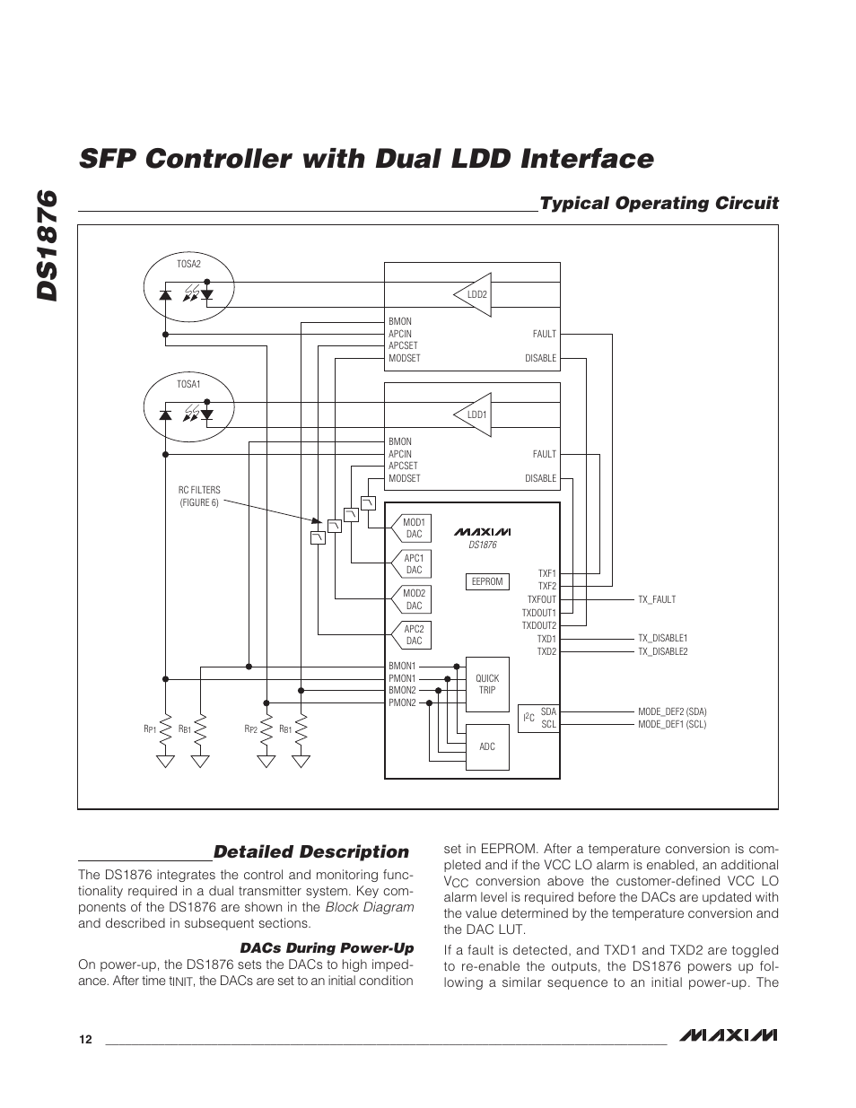 Typical operating circuit, Detailed description, Dacs during power-up | Typical operating circuit detailed description, Ds1876 sfp controller with dual ldd interface | Rainbow Electronics DS1876 User Manual | Page 12 / 69