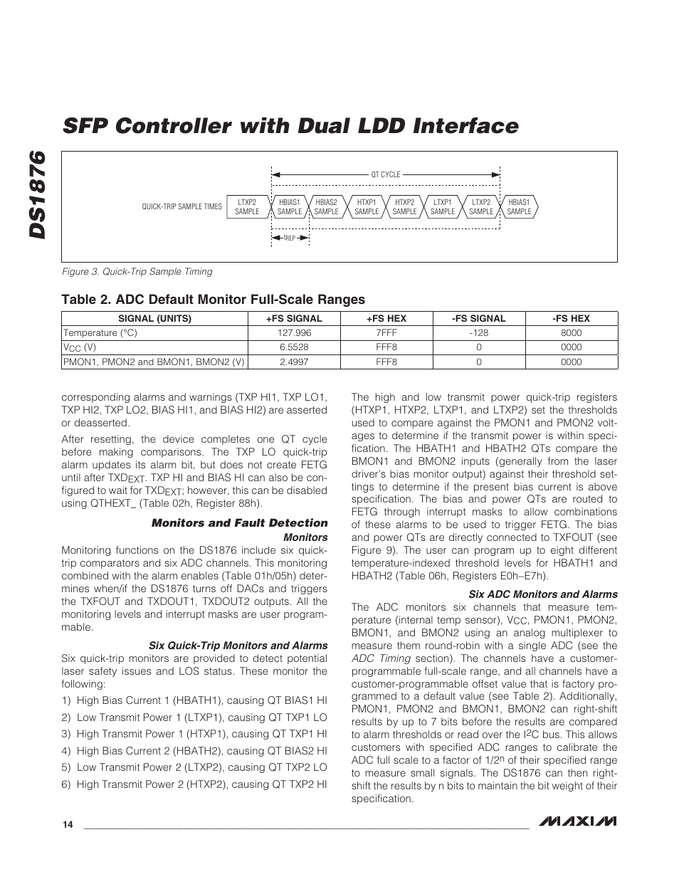 Monitors and fault detection, Monitors, Six quick-trip monitors and alarms | Six adc monitors and alarms, Figure 3. quick-trip sample timing, Table 2. adc default monitor full-scale ranges, Ds1876 sfp controller with dual ldd interface | Rainbow Electronics DS1876 User Manual | Page 14 / 69