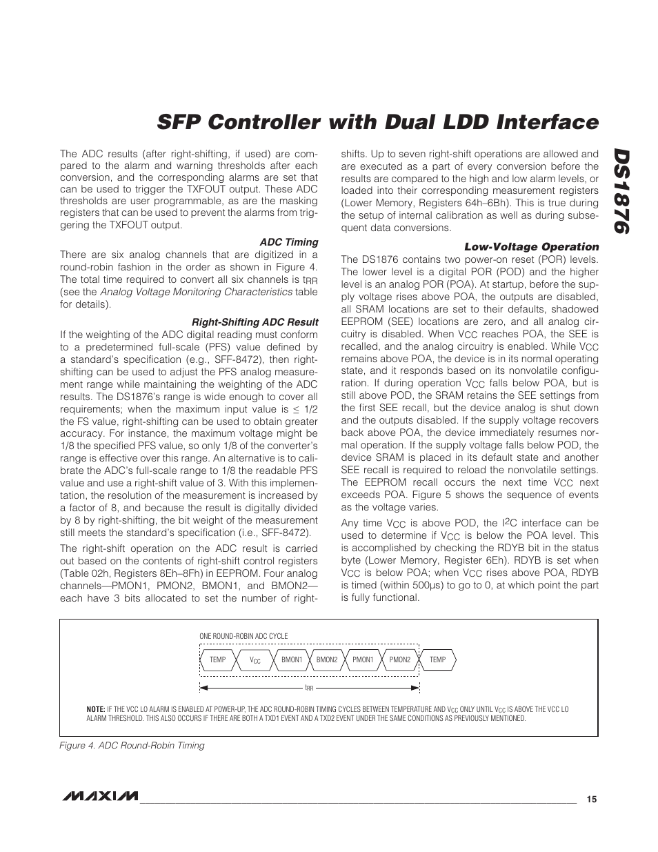 Adc timing, Right-shifting adc result, Low-voltage operation | Adc timing right-shifting adc result, Figure 4. adc round-robin timing, Ds1876 sfp controller with dual ldd interface | Rainbow Electronics DS1876 User Manual | Page 15 / 69