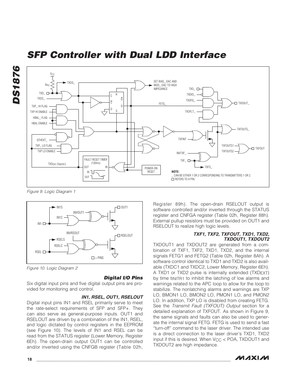 Digital i/o pins, In1, rsel, out1, rselout, Txf1, txf2, txfout, txd1, txd2, txdout1, txdout2 | Ds1876 sfp controller with dual ldd interface | Rainbow Electronics DS1876 User Manual | Page 18 / 69