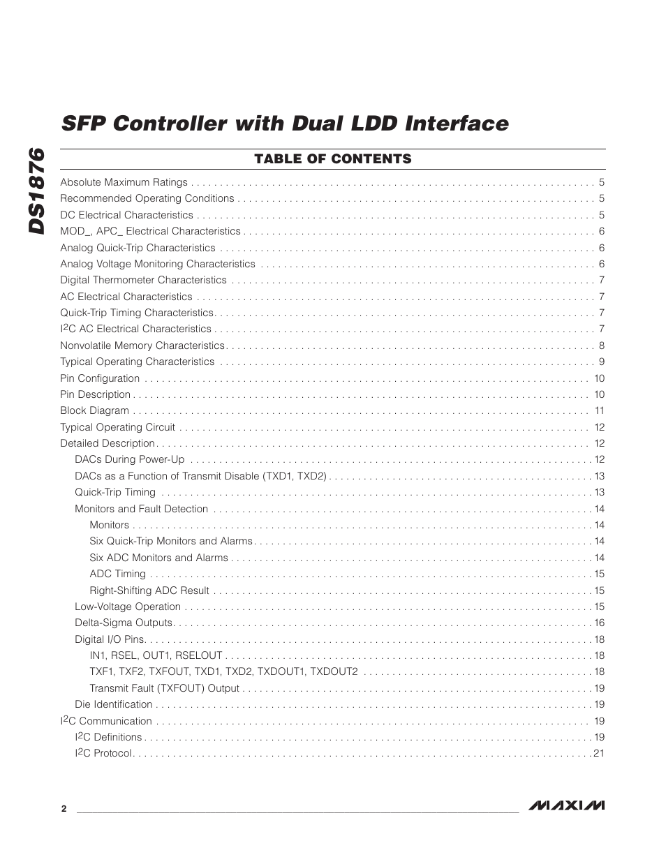 Ds1876 sfp controller with dual ldd interface | Rainbow Electronics DS1876 User Manual | Page 2 / 69