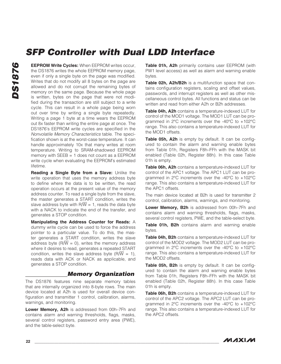 Memory organization, Ds1876 sfp controller with dual ldd interface | Rainbow Electronics DS1876 User Manual | Page 22 / 69