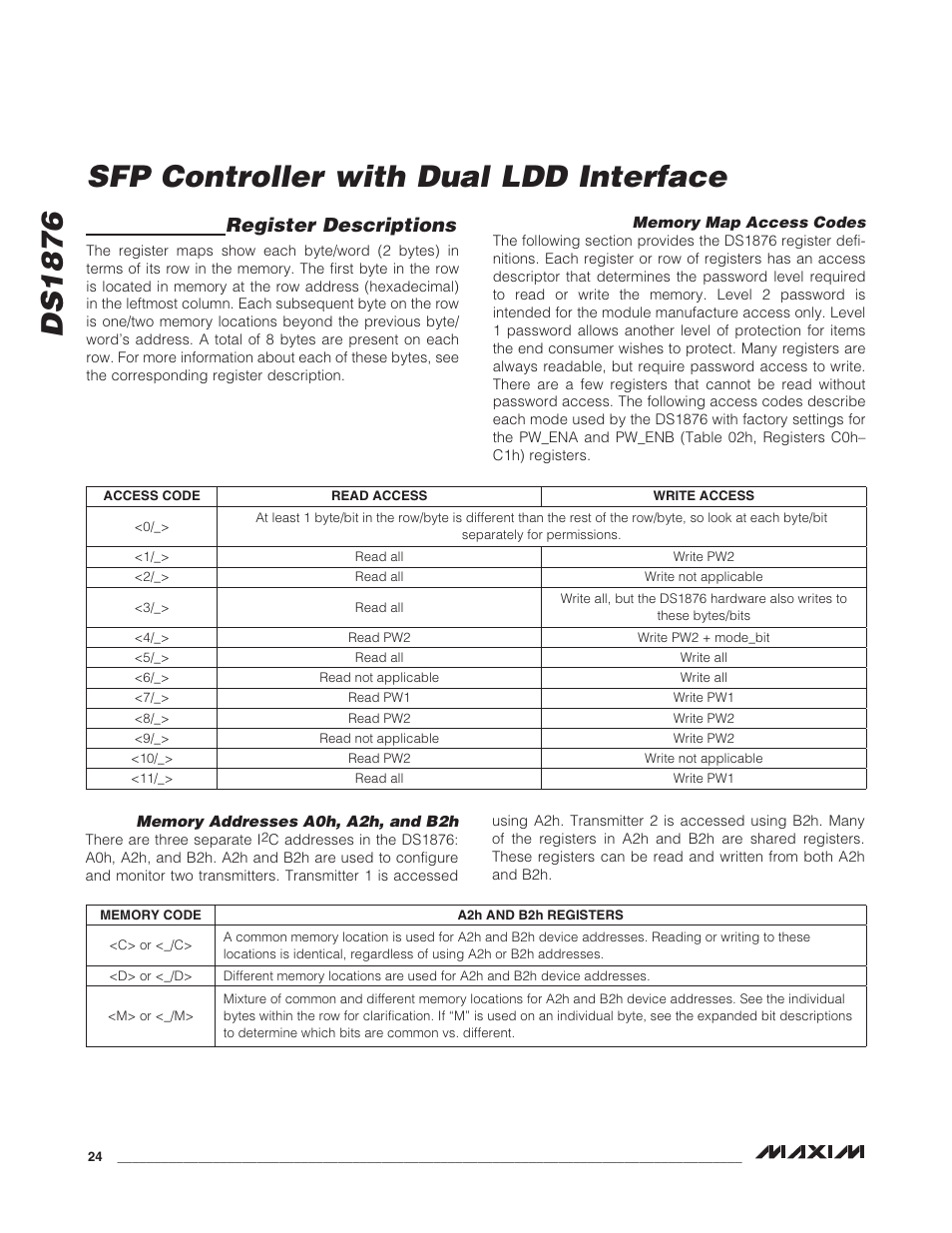 Register descriptions, Memory map access codes, Memory addresses a0h, a2h, and b2h | Ds1876 sfp controller with dual ldd interface | Rainbow Electronics DS1876 User Manual | Page 24 / 69