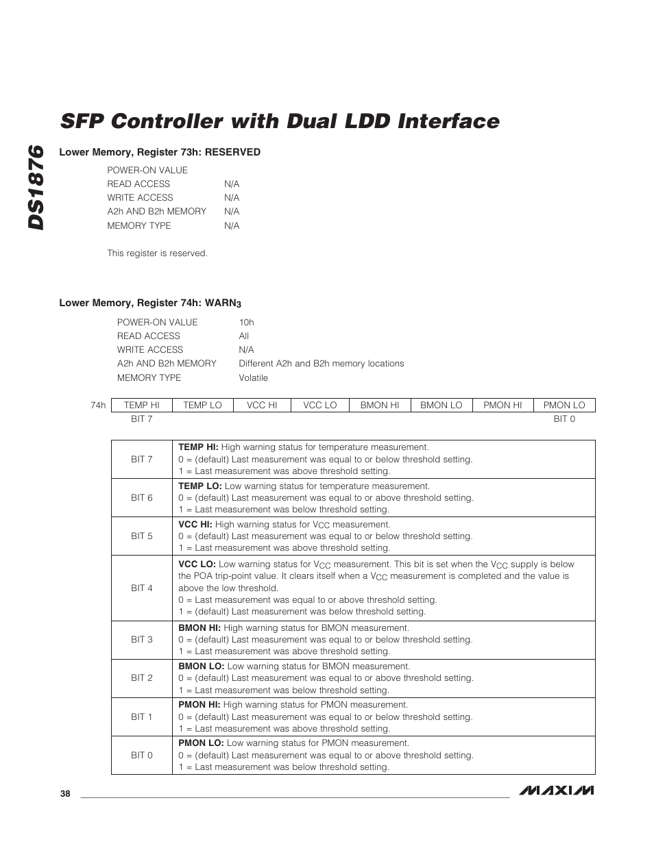 Ds1876 sfp controller with dual ldd interface | Rainbow Electronics DS1876 User Manual | Page 38 / 69