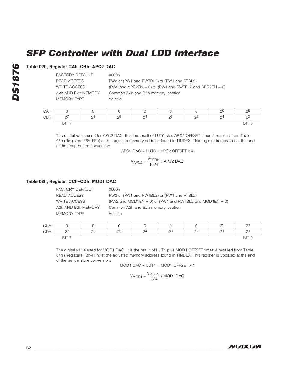 Ds1876 sfp controller with dual ldd interface | Rainbow Electronics DS1876 User Manual | Page 62 / 69