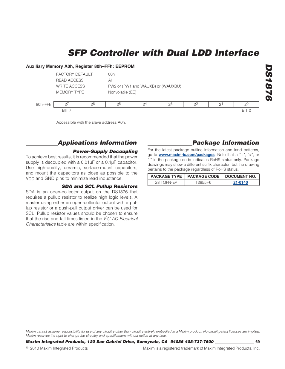 Applications information, Power-supply decoupling, Sda and scl pullup resistors | Package information, Ds1876 sfp controller with dual ldd interface | Rainbow Electronics DS1876 User Manual | Page 69 / 69
