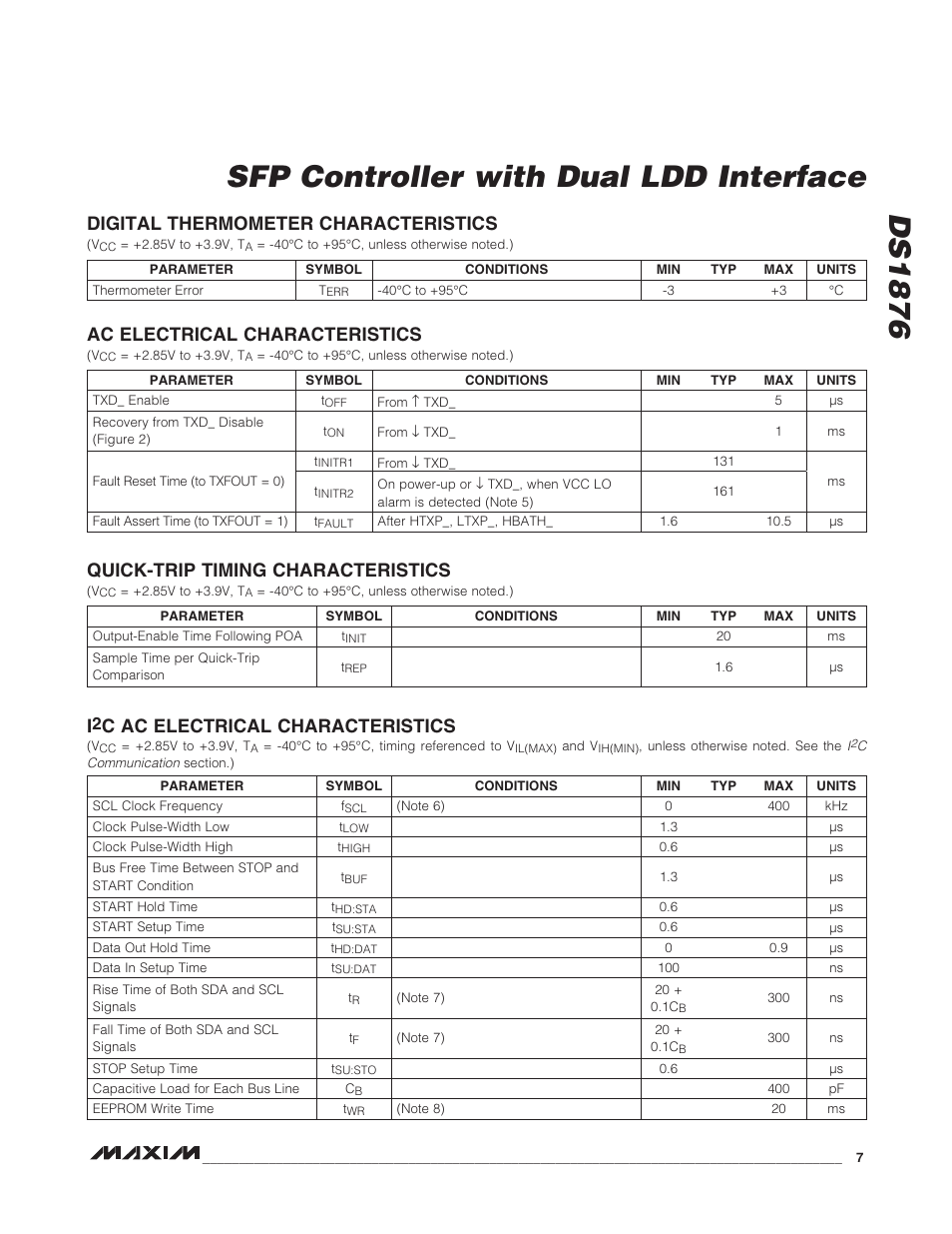 Digital thermometer characteristics, Ac electrical characteristics, Quick-trip timing characteristics | I2c ac electrical characteristics, C ac electrical characteristics, Ds1876 sfp controller with dual ldd interface | Rainbow Electronics DS1876 User Manual | Page 7 / 69