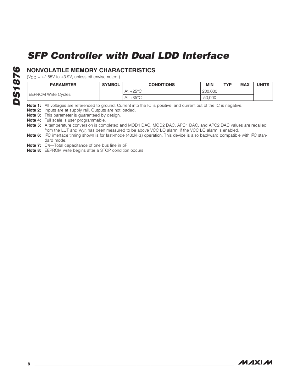 Nonvolatile memory characteristics, Ds1876 sfp controller with dual ldd interface | Rainbow Electronics DS1876 User Manual | Page 8 / 69